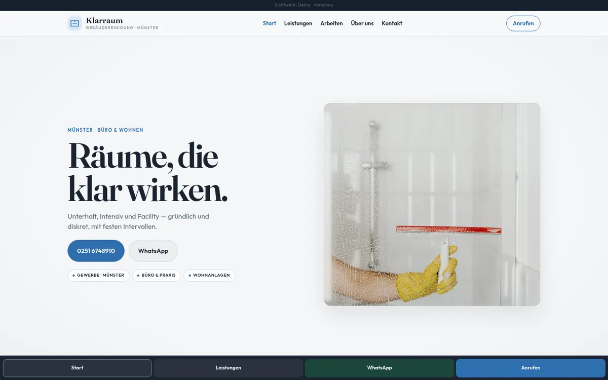 Screenshot der Demo-Website Klarraum (Gebäudereinigung)