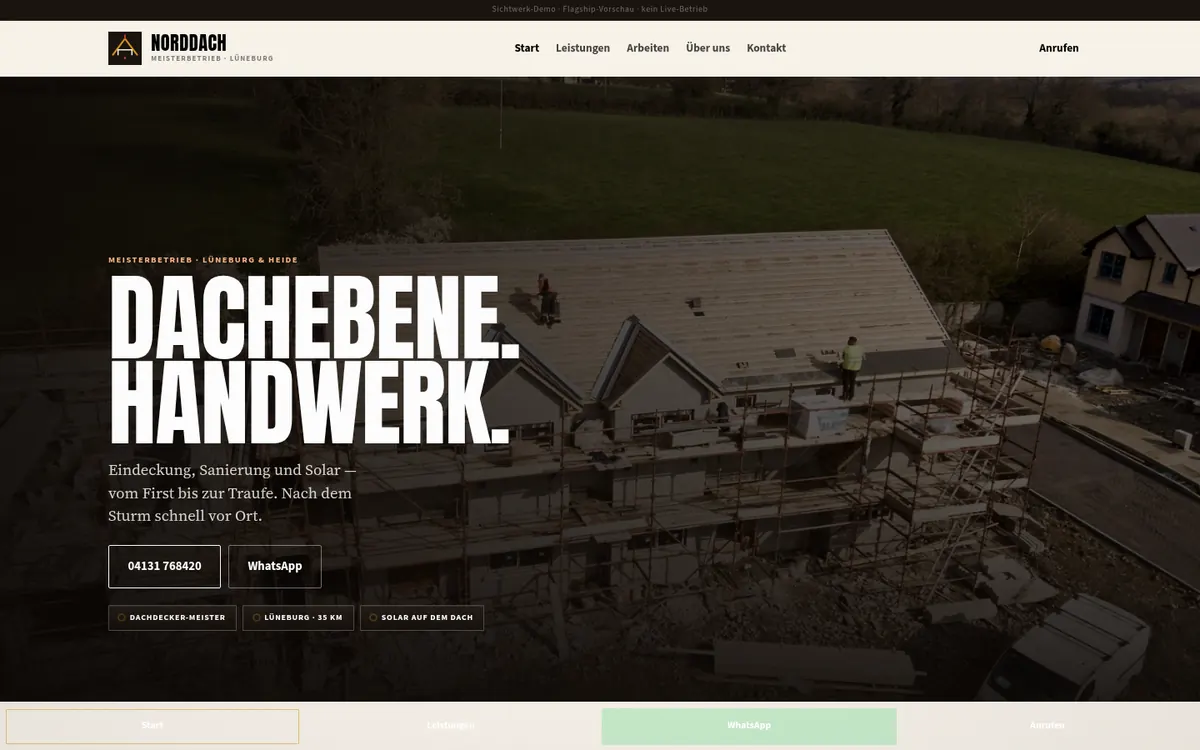 Screenshot der Sichtwerk-Demo-Website Norddach für einen Dachdecker